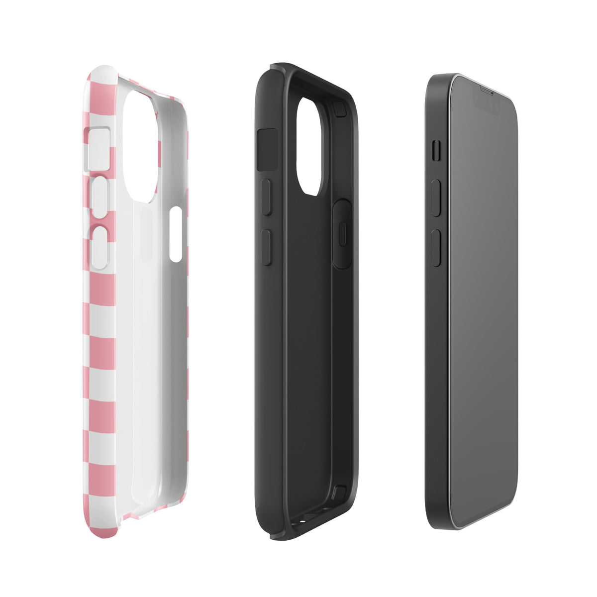 Phone Case for iPhone with playful pink and white checkered design, showcasing style and protection in three different angles.