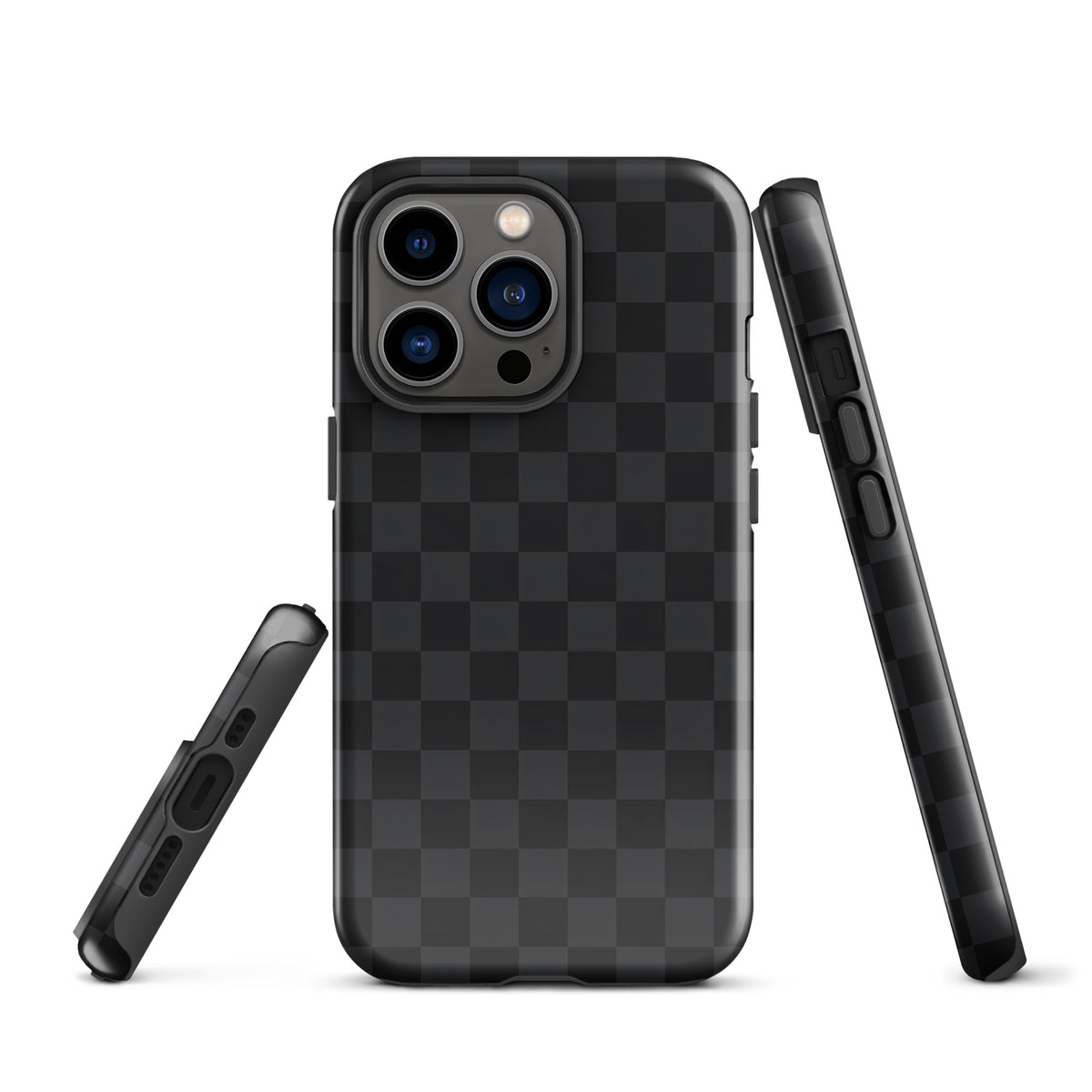 Phone Case for iPhone with black and charcoal checkered design, showcasing sleek modern style and protection for minimalists.