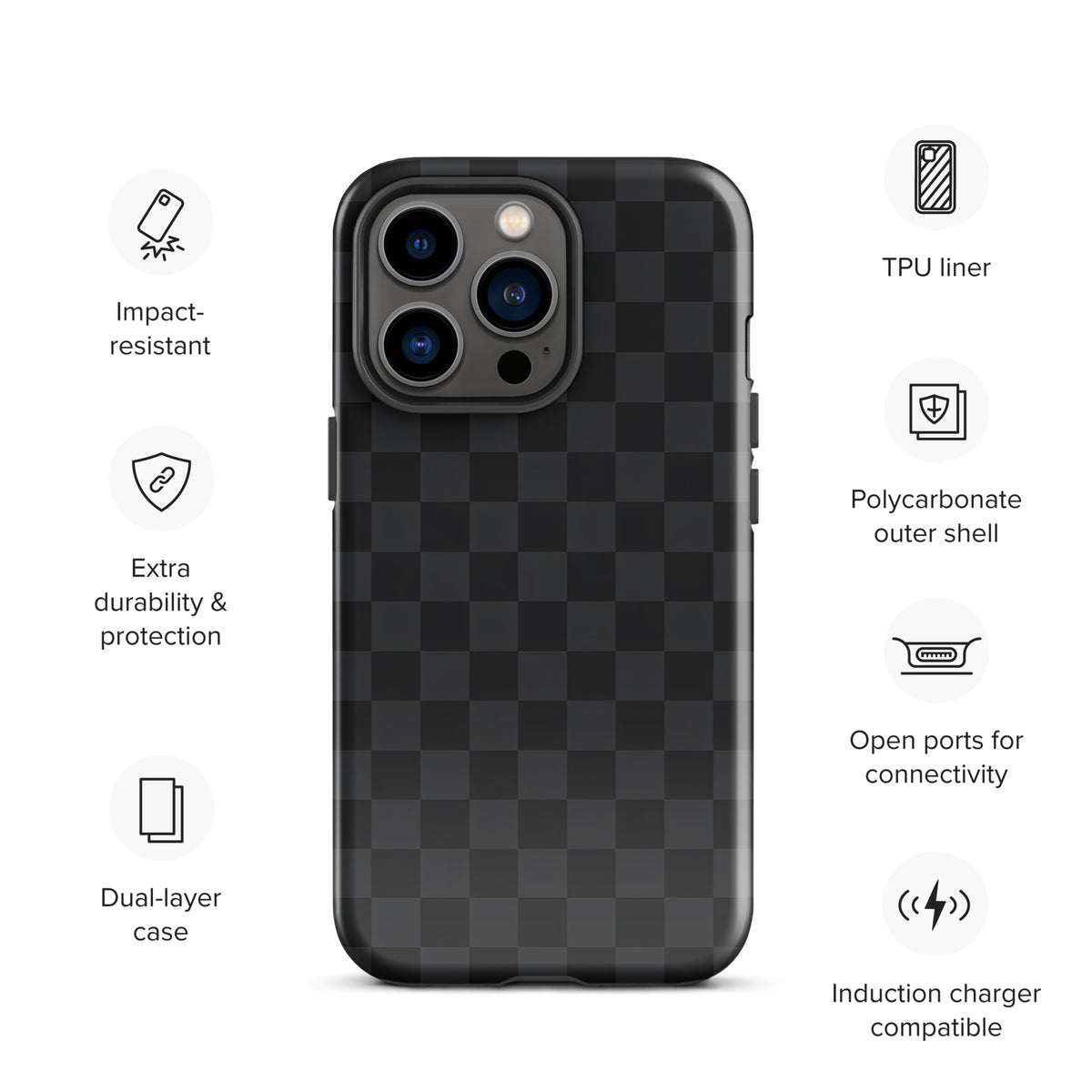 Phone Case for iPhone with black and charcoal checkered design, showcasing impact resistance, dual-layer protection, and charging compatibility.