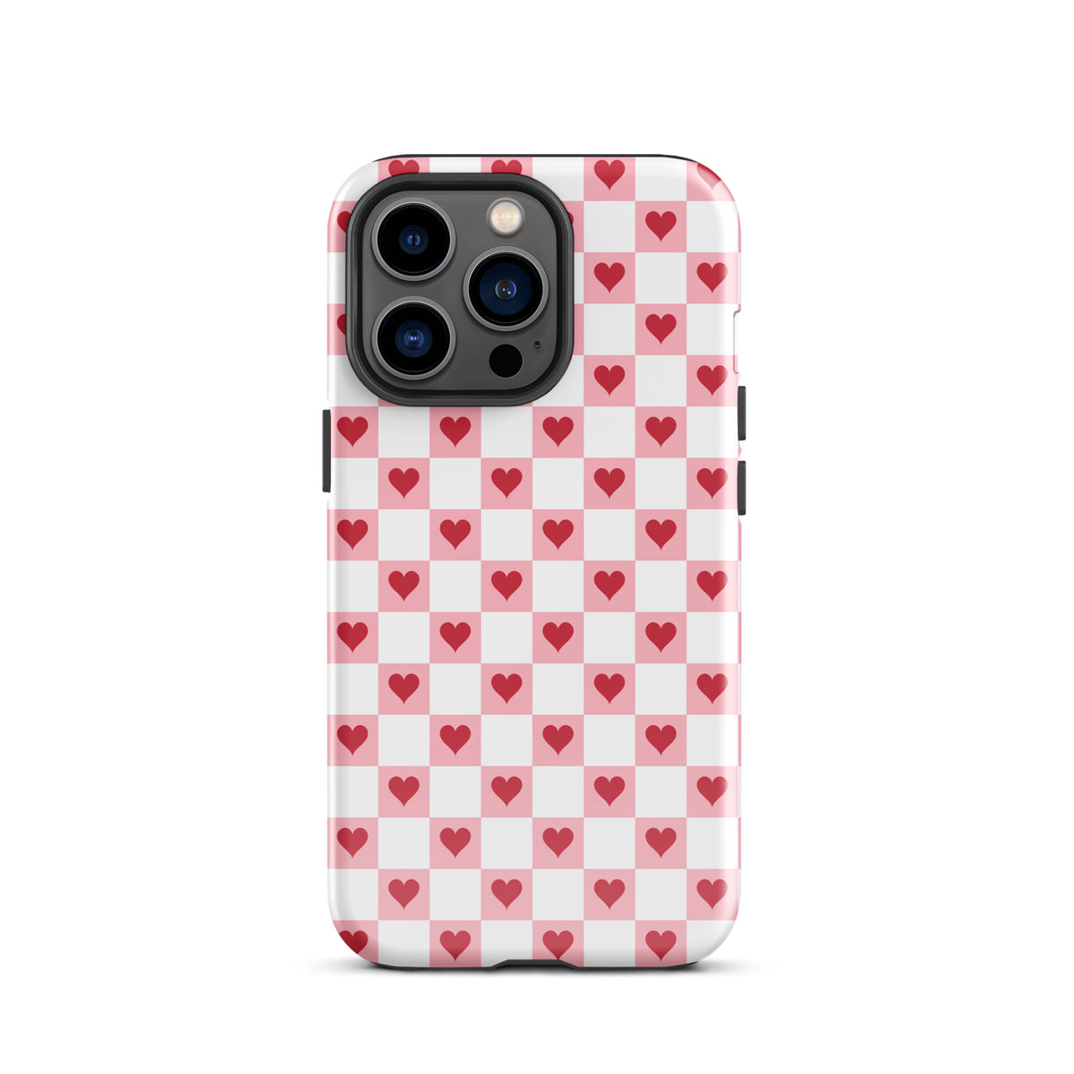 Phone Case for iPhone with pink-and-white checkered design featuring red hearts, showcasing a charming and playful pattern.