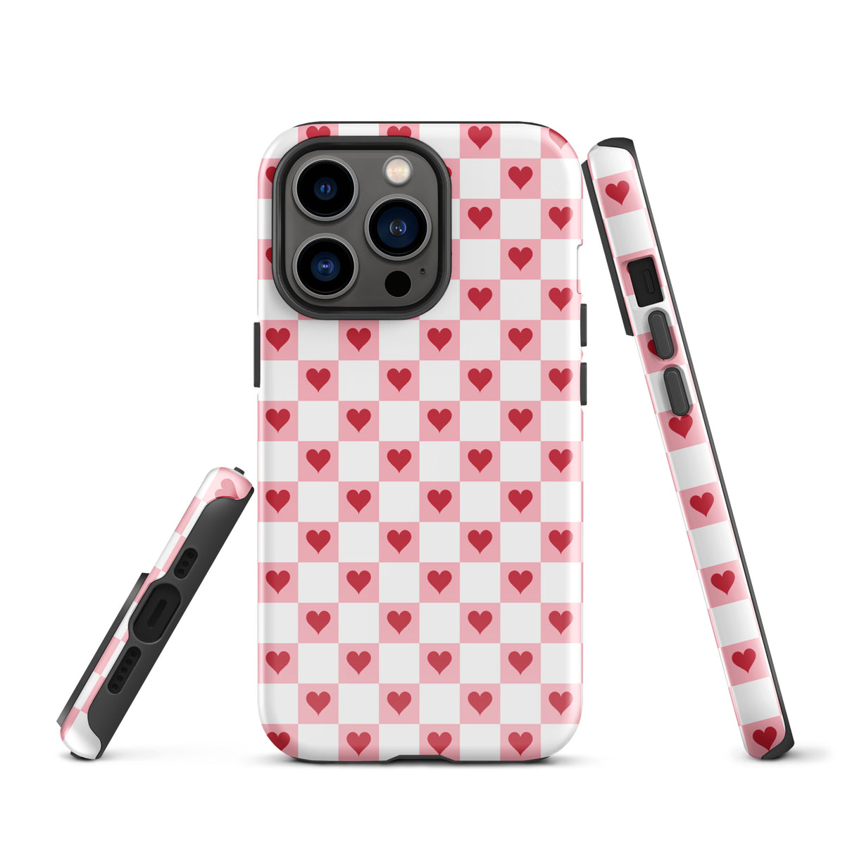 Phone Case for iPhone with pink-and-white checkered design featuring red hearts, perfect for adding charm and style to your device.
