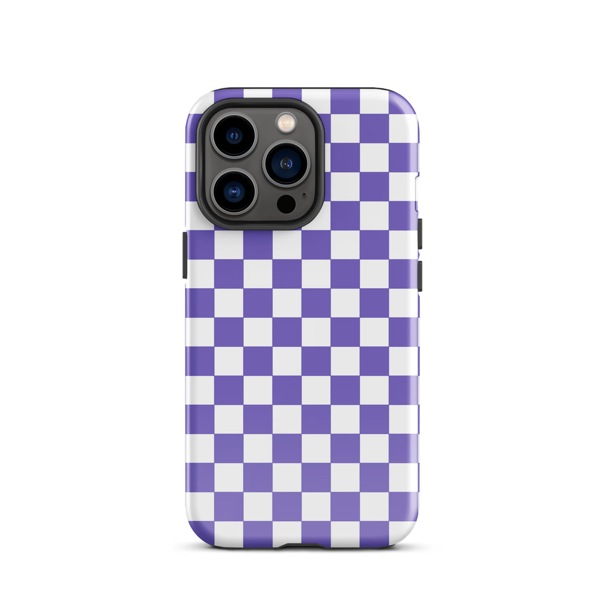 Phone Case for iPhone with purple and white checkered pattern adding style and personality.