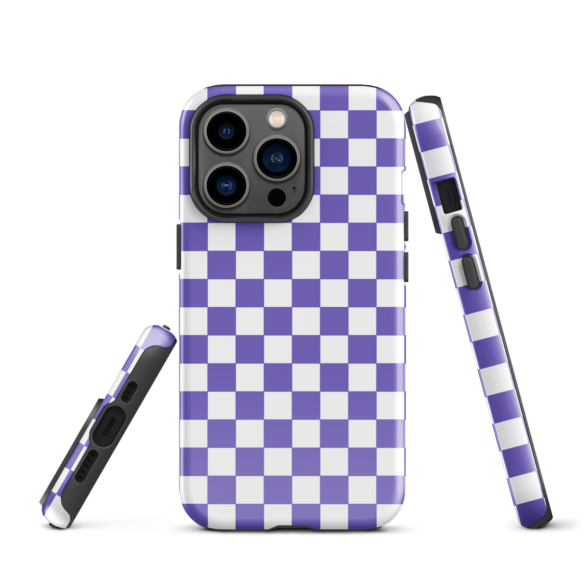 Phone Case for iPhone with purple and white checkered design, stylish and bold accessory for a fun and fearless look.