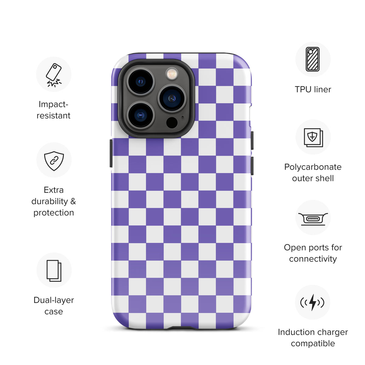 Phone Case for iPhone with purple and white checkered design, featuring impact-resistant TPU liner and polycarbonate shell for style.