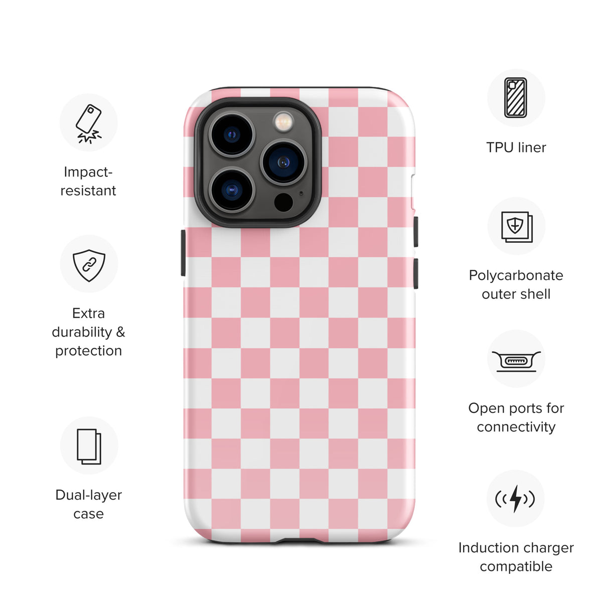 Phone Case for iPhone with playful pink and white checkered design, showcasing impact-resistant and durable features.