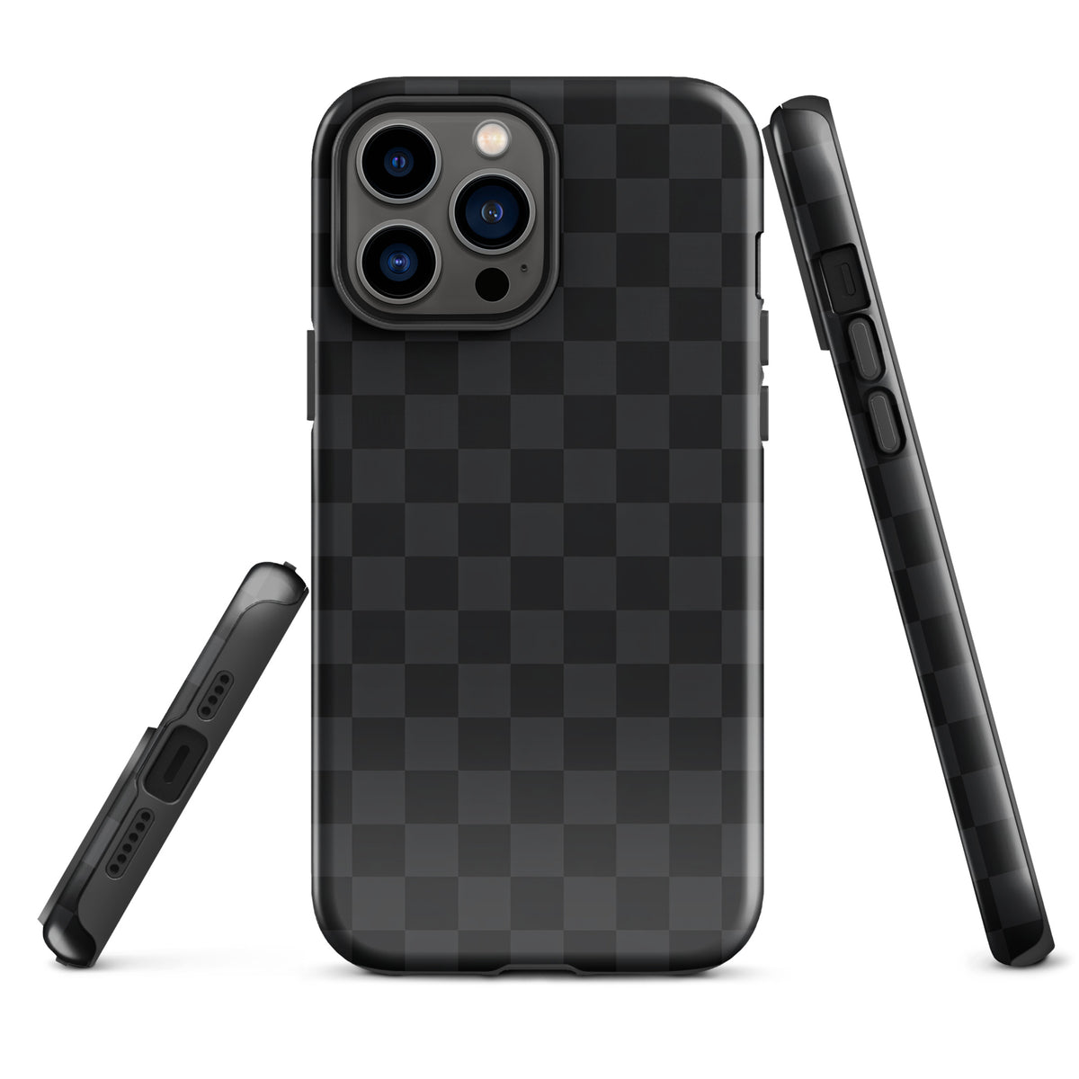 Phone Case for iPhone with black and charcoal checkered design, sleek and modern, suitable for minimalists seeking sophistication and protection.