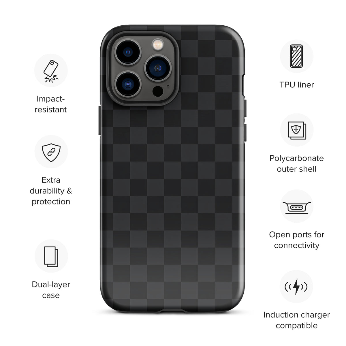 Phone Case for iPhone with black and charcoal checkered design, impact-resistant, dual-layer protection, compatible with induction charger.