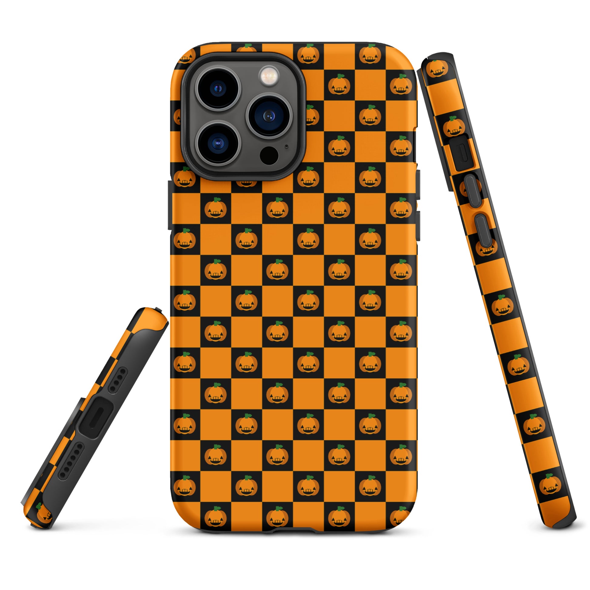 Phone Case for iPhone with playful pumpkin checkered Halloween design, featuring orange and black squares with jack-o'-lanterns.