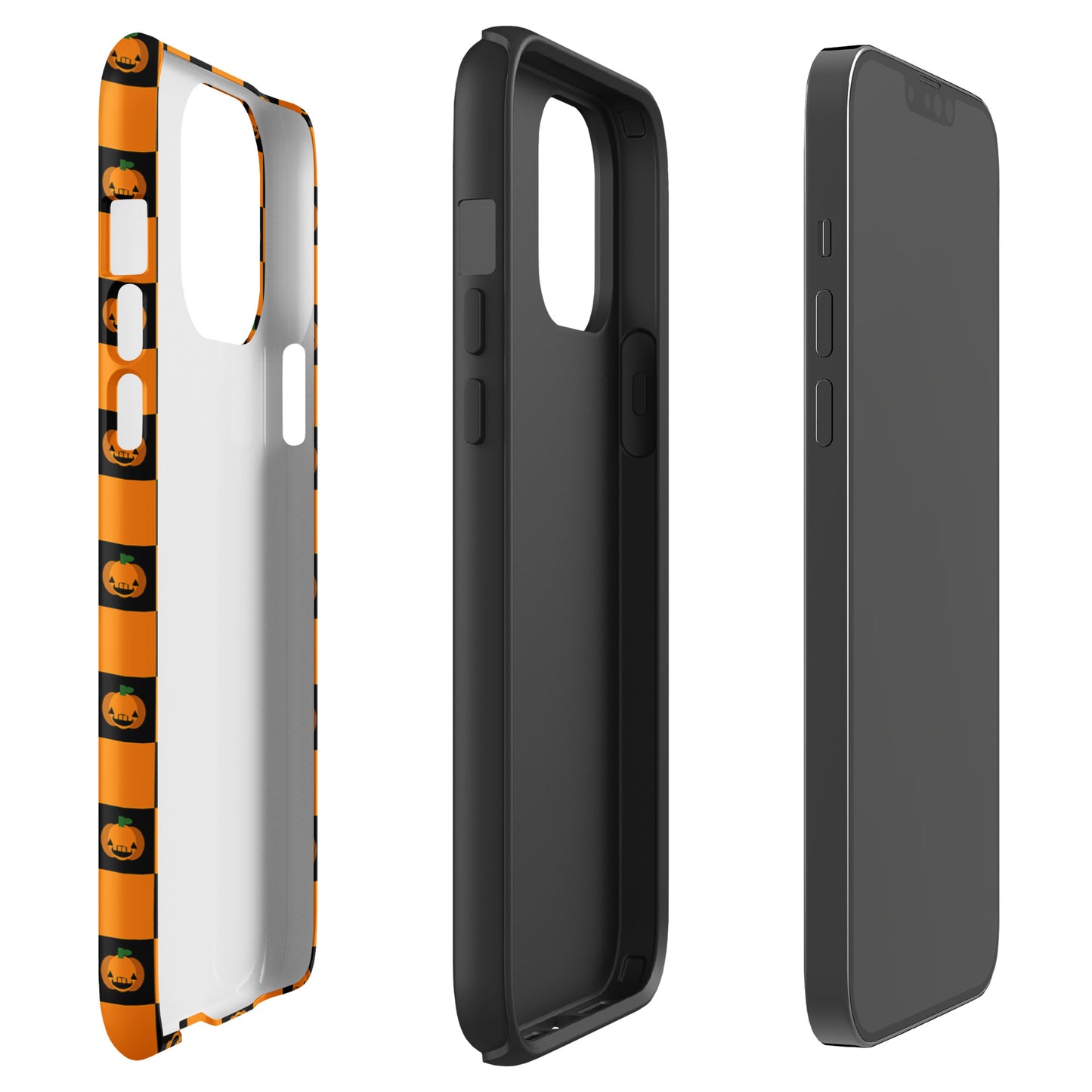 Phone Case for iPhone with playful pumpkin checkered Halloween design, showcasing orange and black pattern with jack-o’-lanterns.