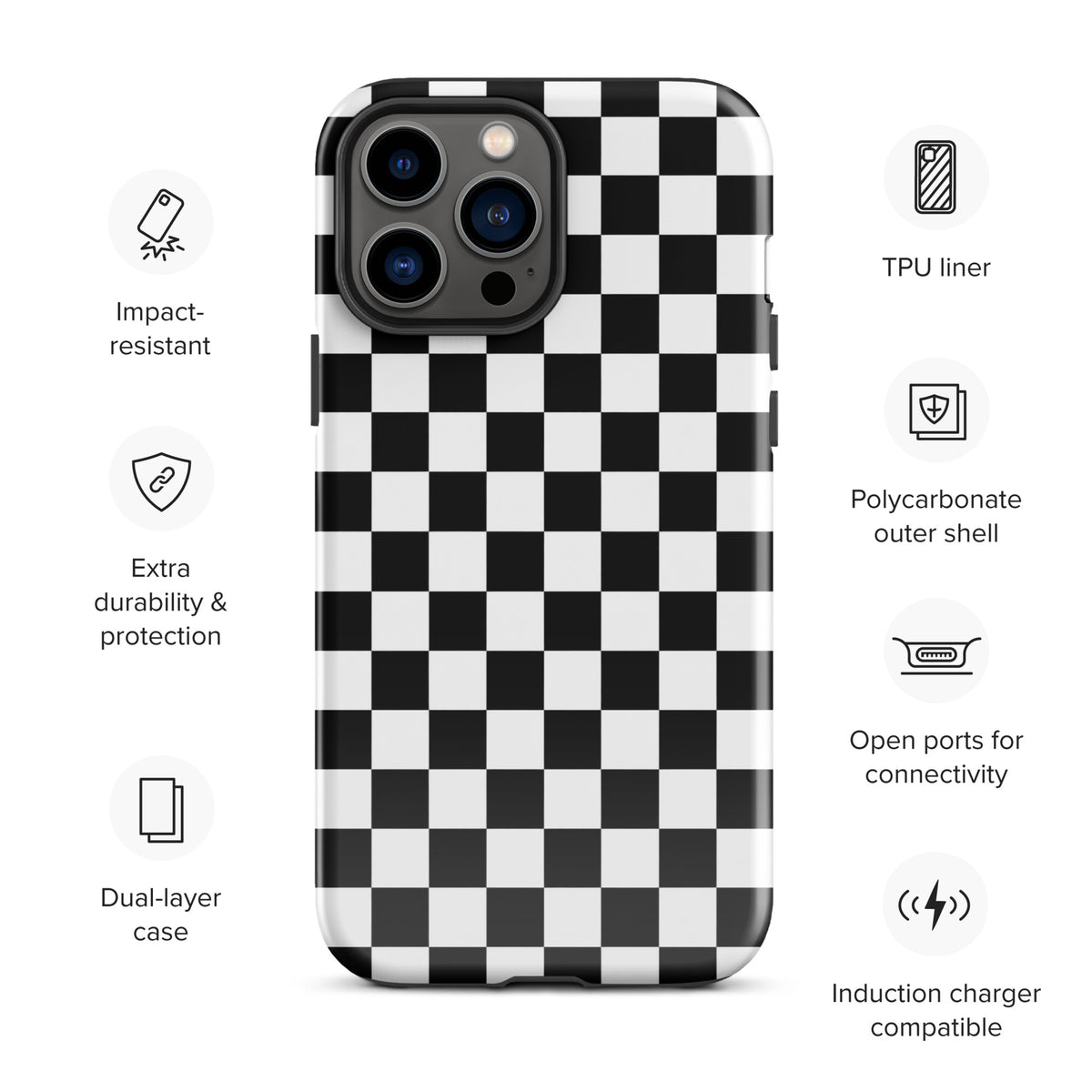Bold checkered Phone Case for iPhone with impact-resistant, dual-layer protection and polycarbonate outer shell.