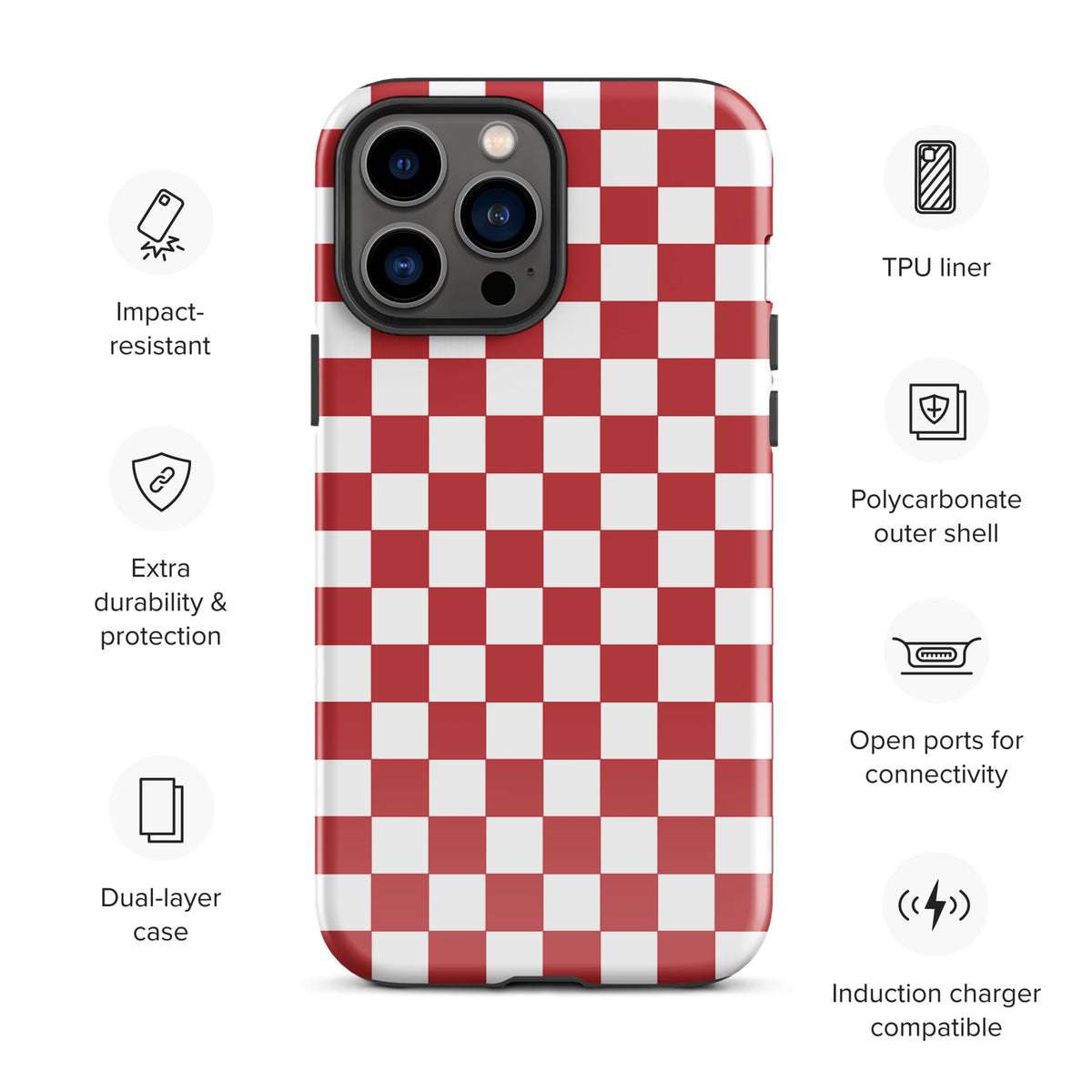 Phone Case for iPhone in crimson red checkered design, showcasing impact-resistant and durable features, compatible with wireless charging.