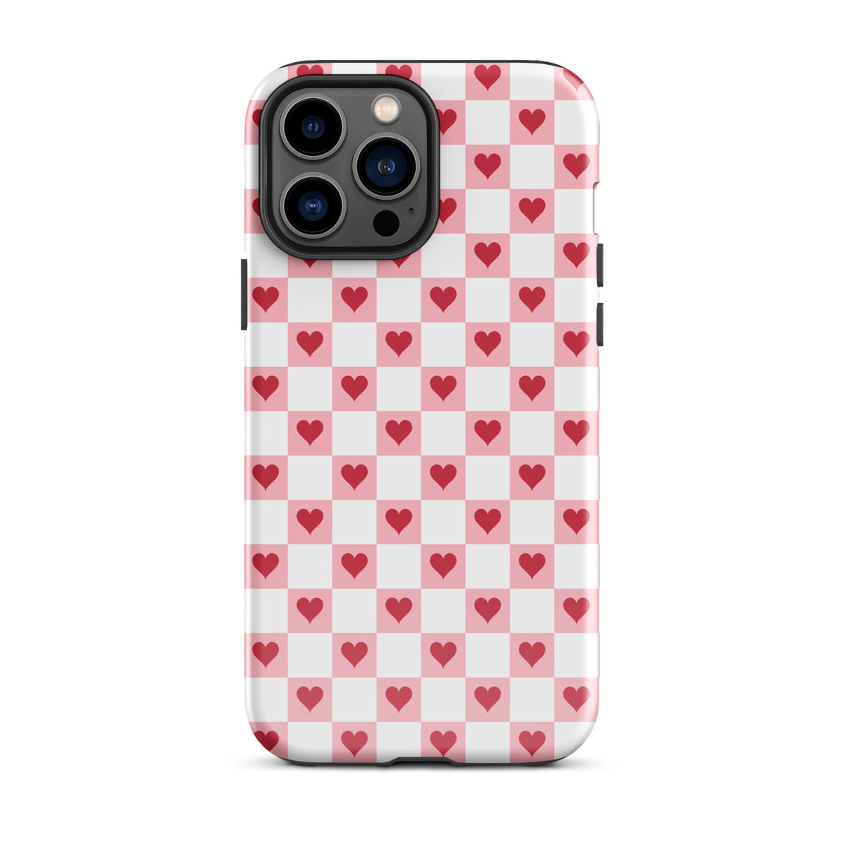 Phone Case for iPhone with pink-and-white checkered design featuring red hearts, adding charm and cheer to your style.