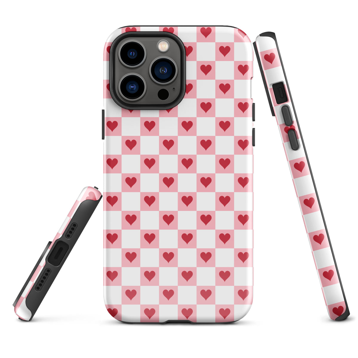 Phone Case for iPhone with pink-and-white checkered design and red hearts pattern, featuring secure fit and stylish protection.
