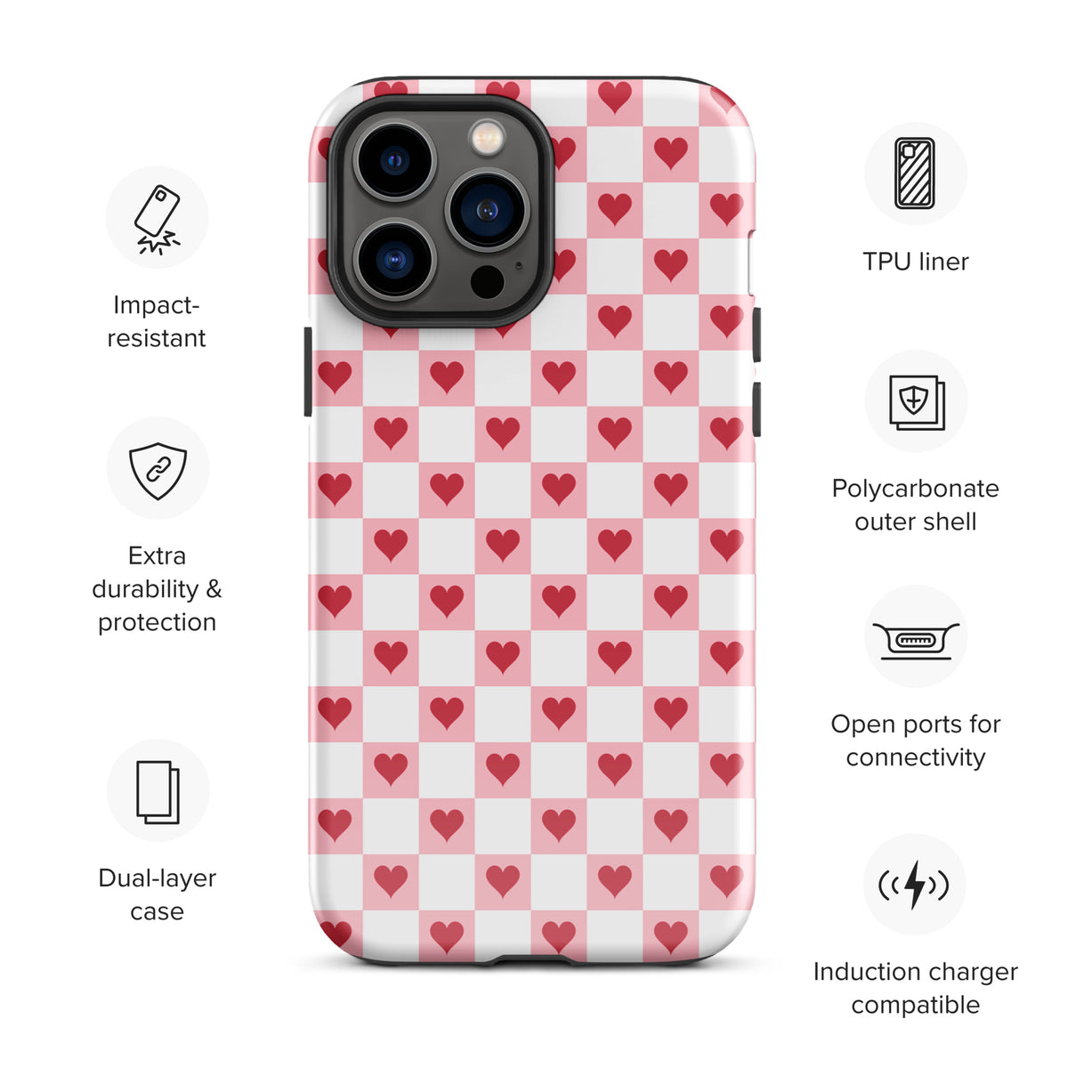 Phone Case for iPhone with pink-and-white checkered design and red hearts, impact-resistant and induction charger compatible.