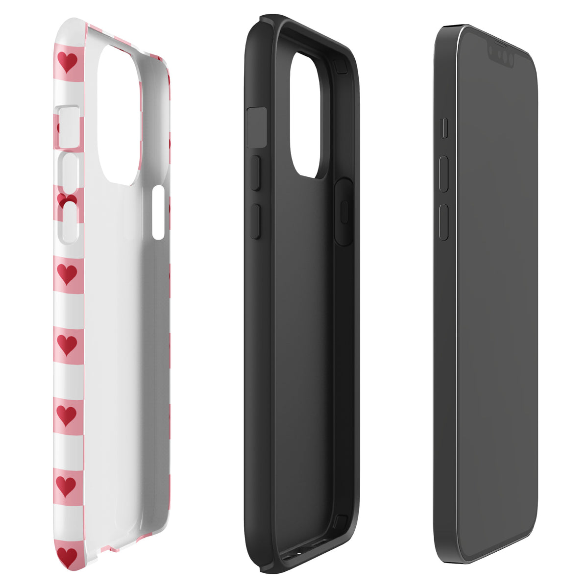 Phone Case for iPhone with pink-and-white checkered design and red hearts, showcasing side and back view.