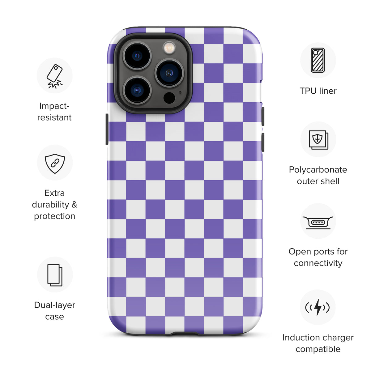 Phone Case for iPhone with Purple & White Checkered Design, Impact-Resistant, Dual-Layer, Induction Charger Compatible