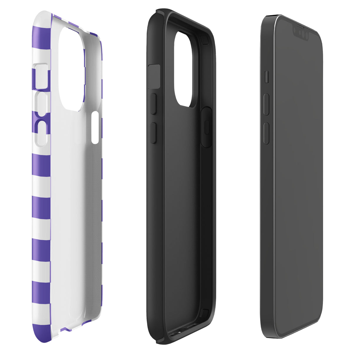 Purple and white checkered Phone Case for iPhone shown from different angles, highlighting fashion-inspired design and style.