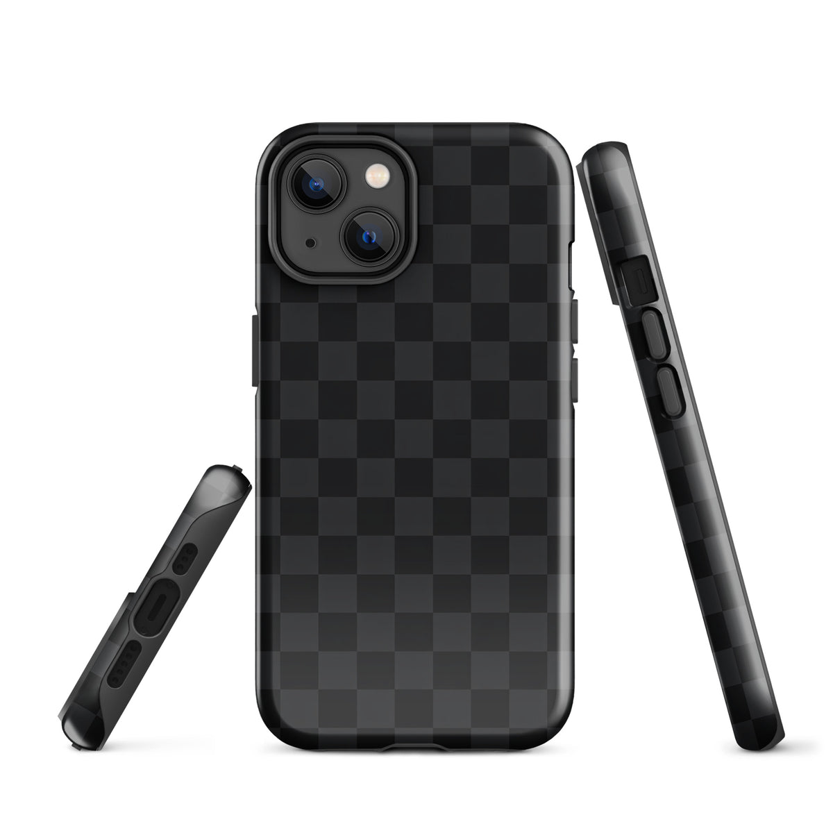Phone Case with black and charcoal checkered design for iPhone, modern minimalist style offering protection and sophistication.