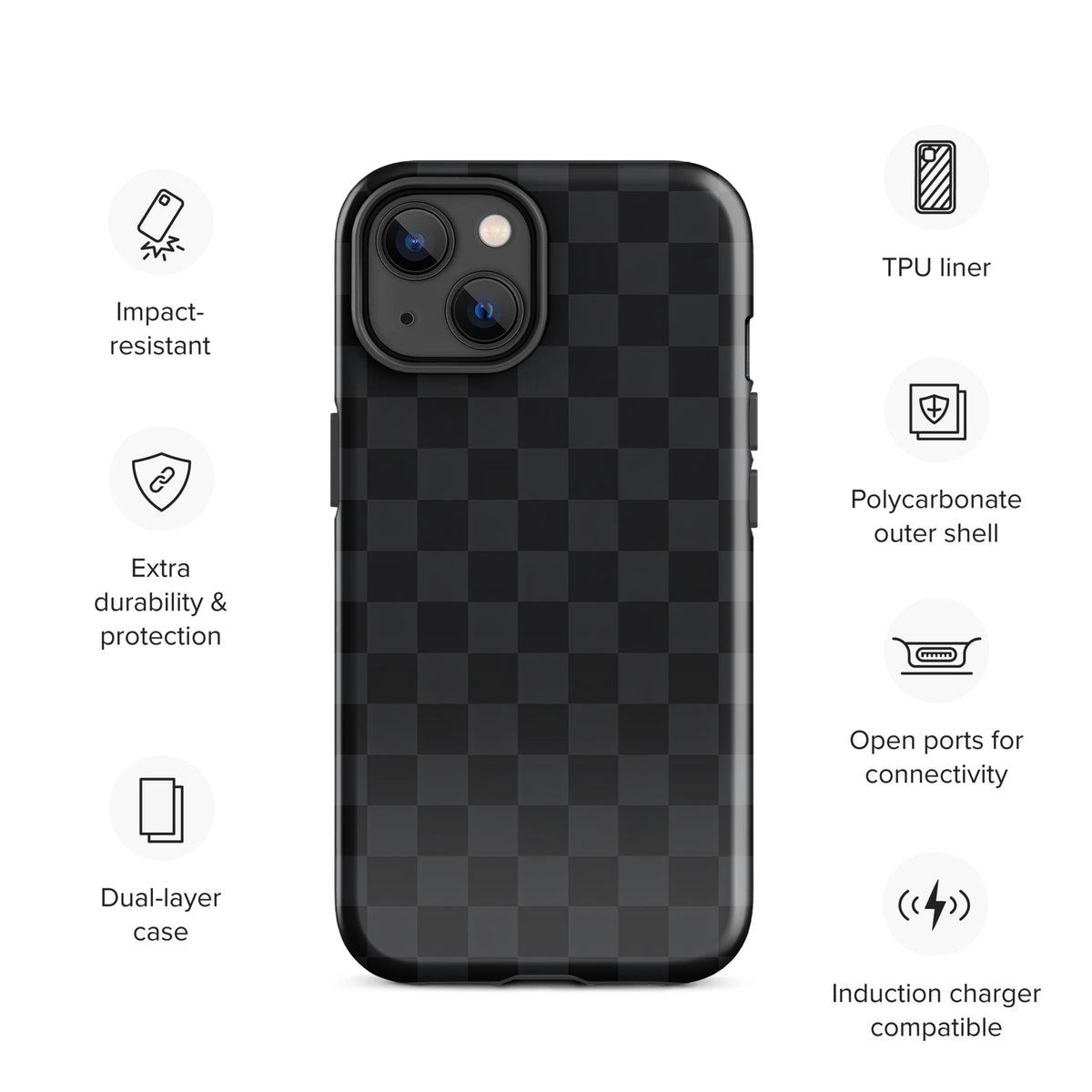 Phone Case for iPhone with black and charcoal checkered design, extra durability, polycarbonate shell, and open ports.