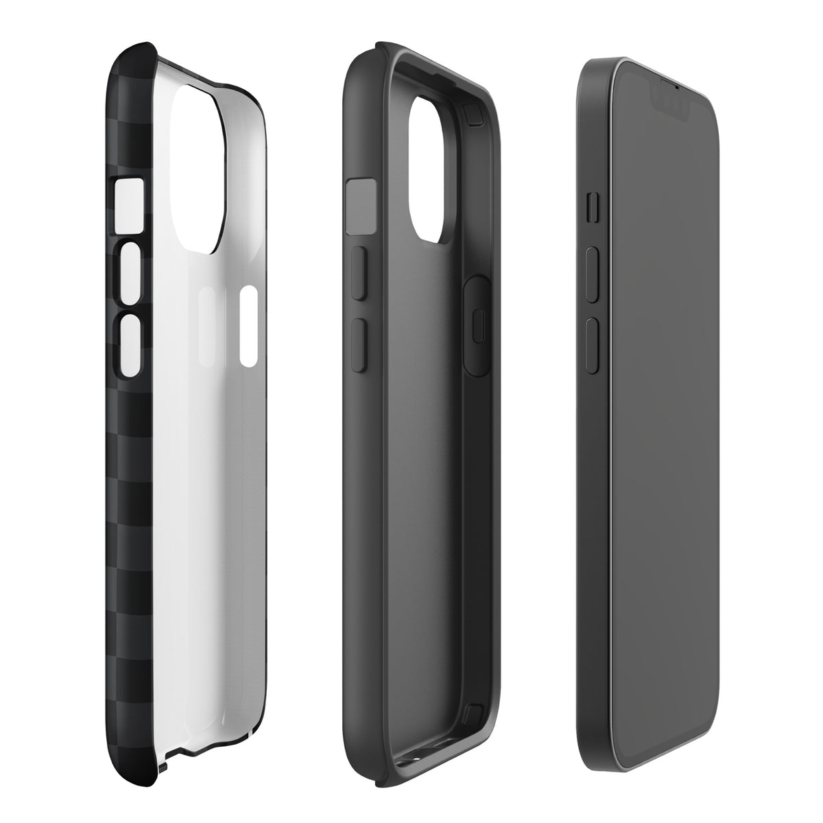 Phone Case for iPhone with black and charcoal checkered design, sleek and modern minimalist style for protection and sophistication.