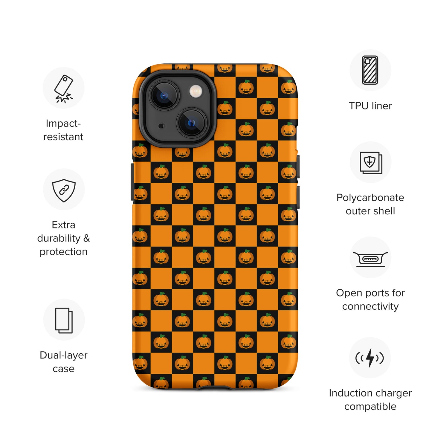 Phone Case with orange and black checkered Halloween pumpkin design for iPhone