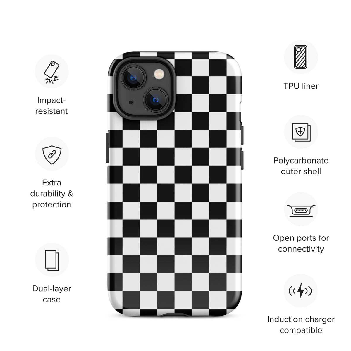 Bold black and white checkered Phone Case for iPhone, impact-resistant with TPU liner and induction charger compatibility.