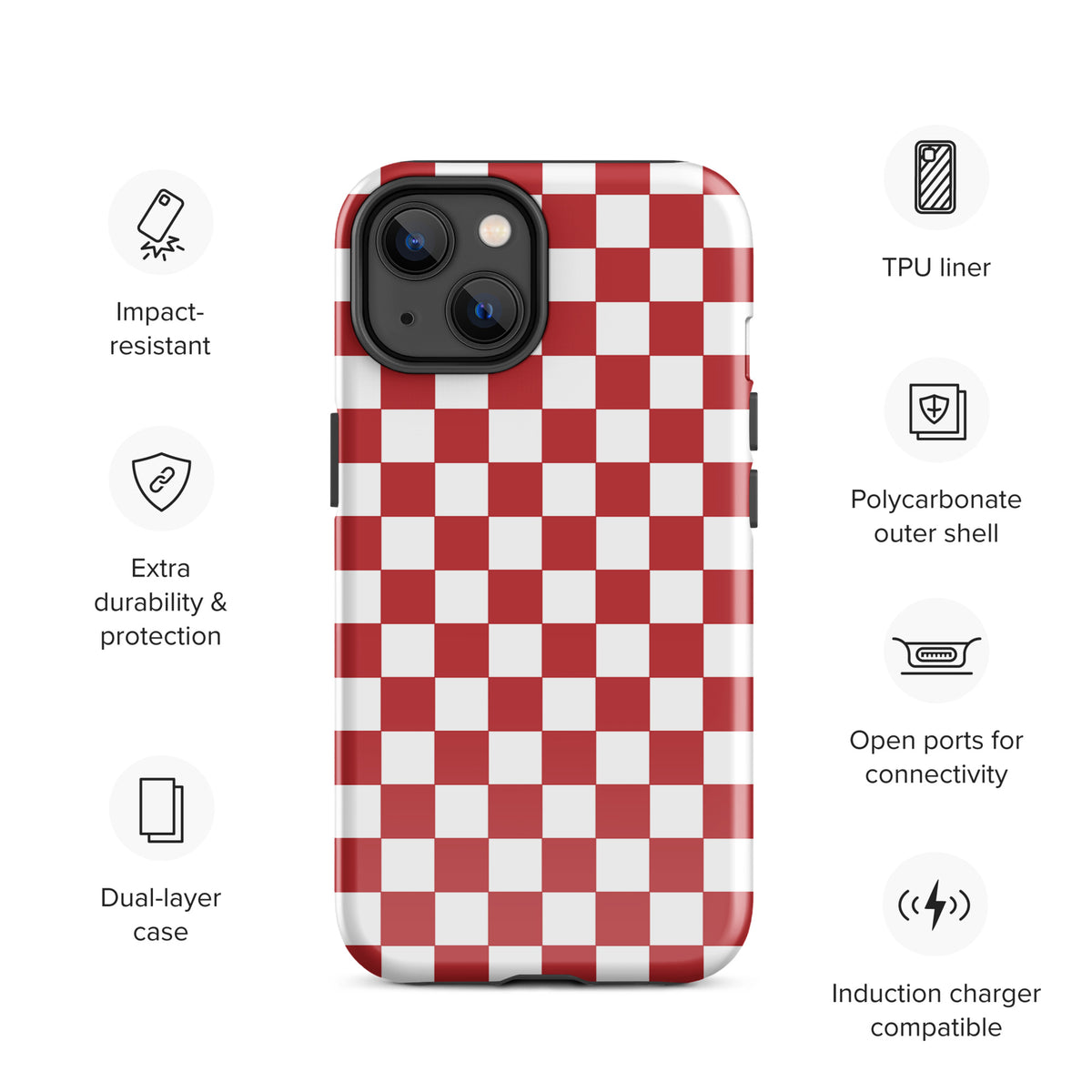 Phone Case with crimson red checkered design for iPhone, featuring impact-resistant, dual-layer protection and polycarbonate outer shell.