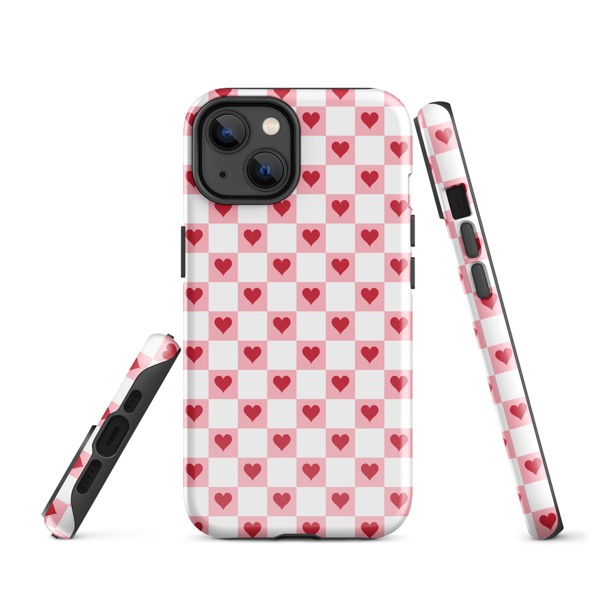 Phone Case for iPhone with pink-and-white checkered design and red hearts pattern.