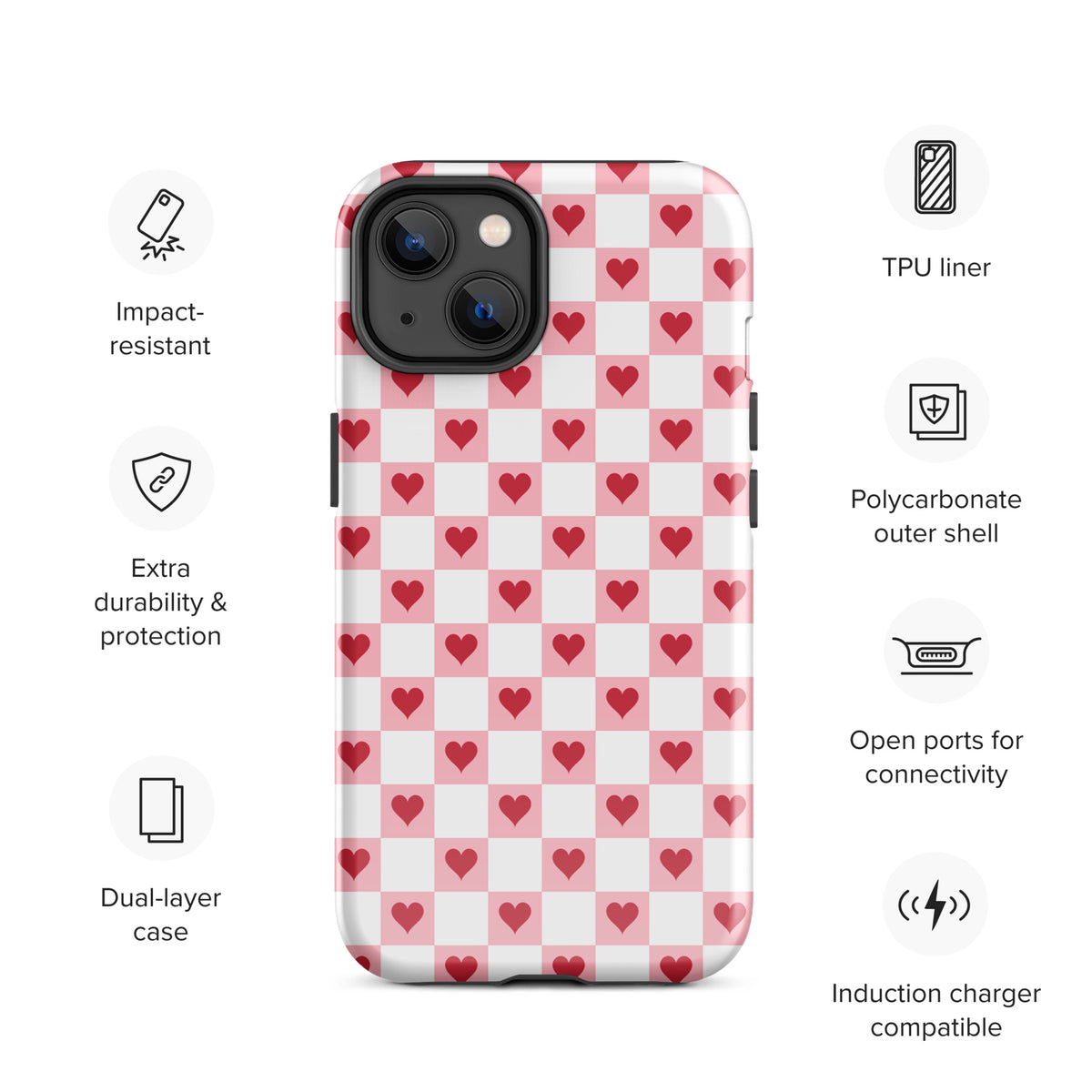 Phone Case for iPhone with pink-and-white checkered design and red hearts, featuring impact-resistant dual-layer protection and open ports.