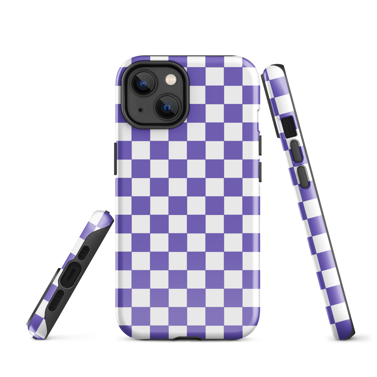 Phone Case for iPhone with purple and white checkered design, stylish and playful pattern adding personality to your device.
