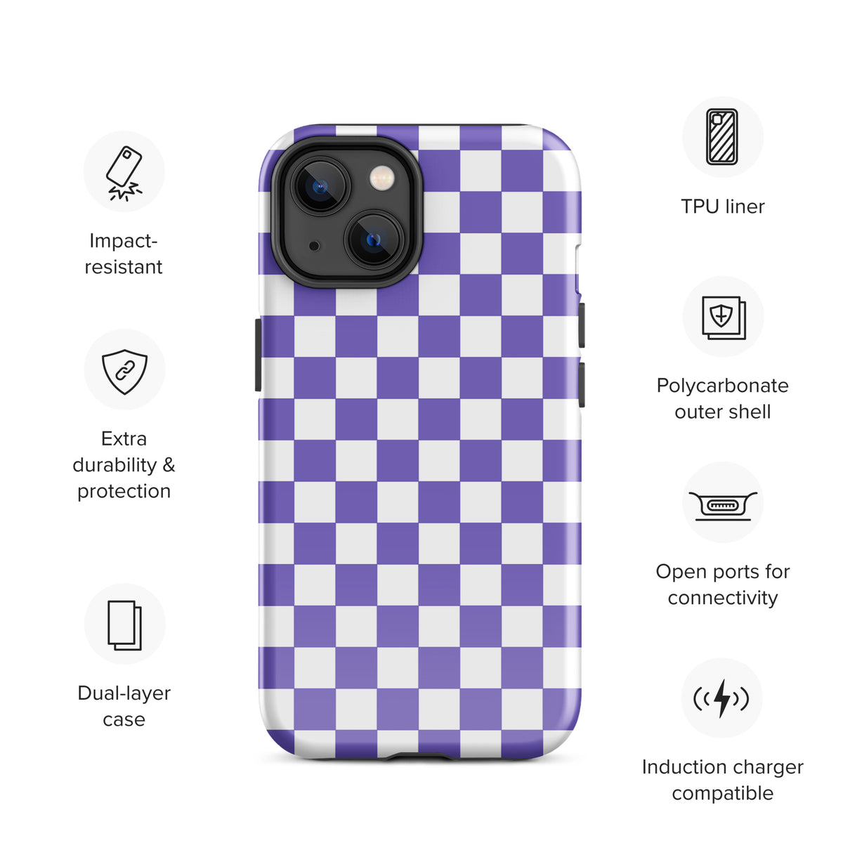 Phone Case for iPhone: Purple & White Checkered, stylish and impact-resistant design, with TPU liner and polycarbonate shell features.