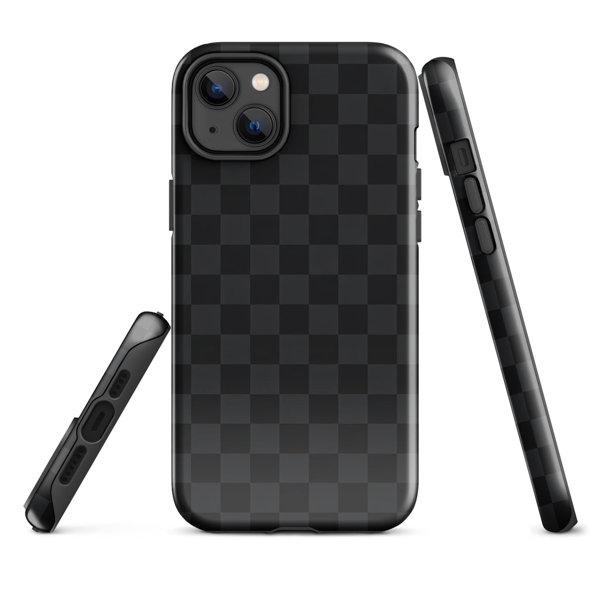 Phone Case for iPhone with black and charcoal checkered design, offering sleek and modern protection for minimalists.