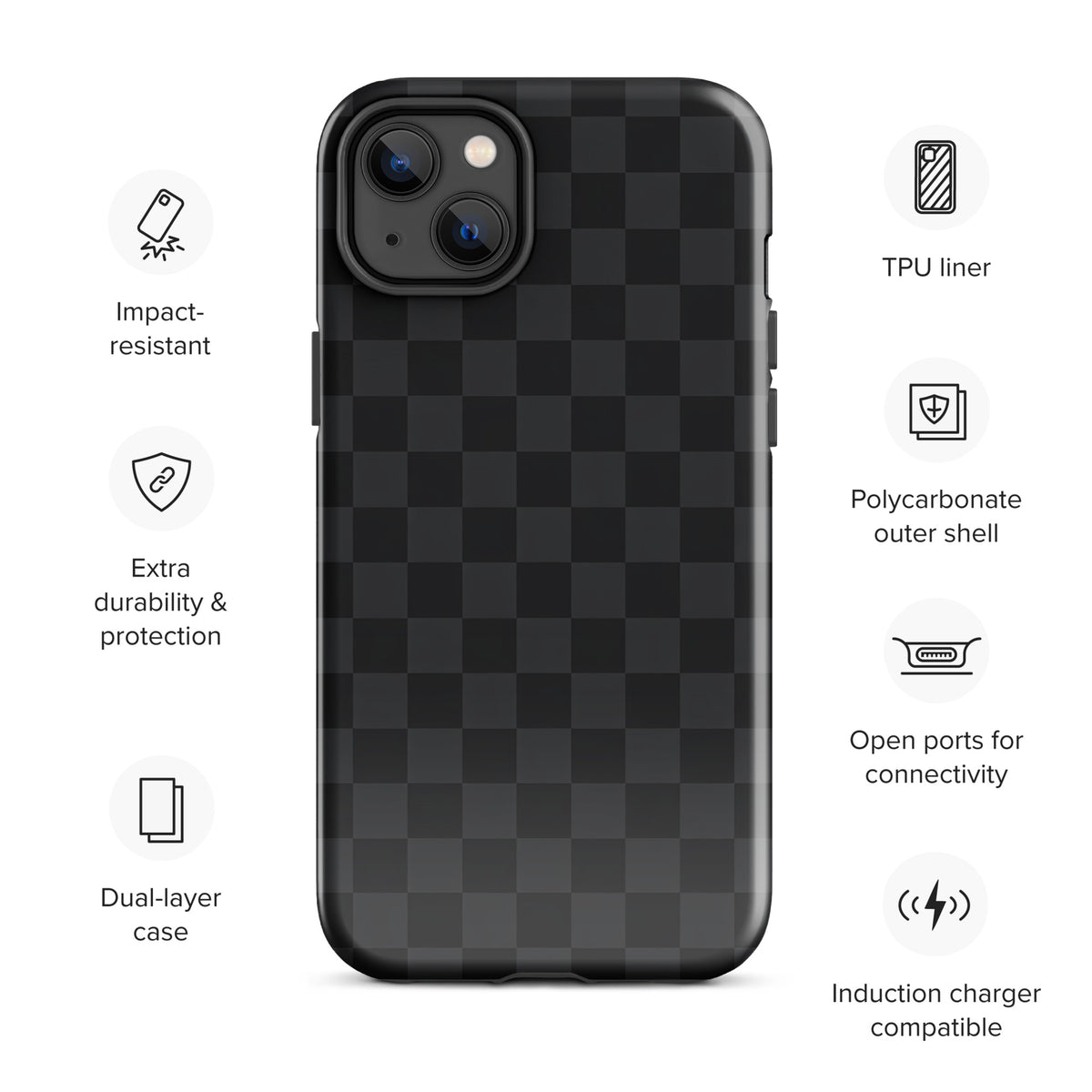 Phone Case for iPhone: Black & Charcoal Checkered, modern minimalist design with impact-resistant, dual-layer protection features.