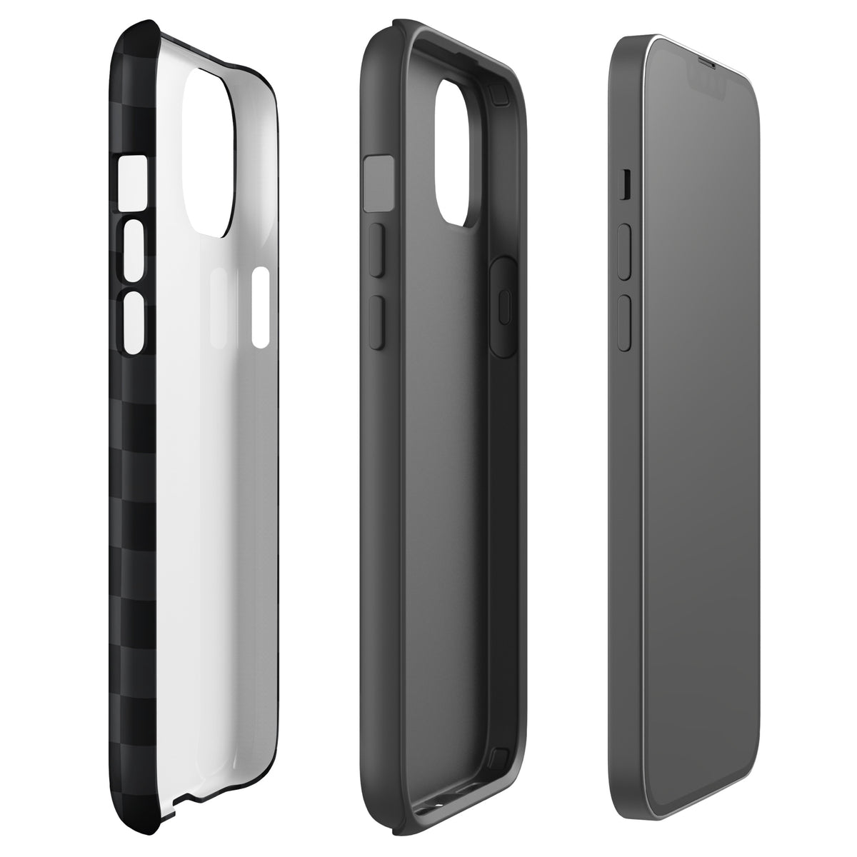 Phone Case for iPhone with black and charcoal checkered design, modern and minimalist style, shown from different angles for sleek protection.
