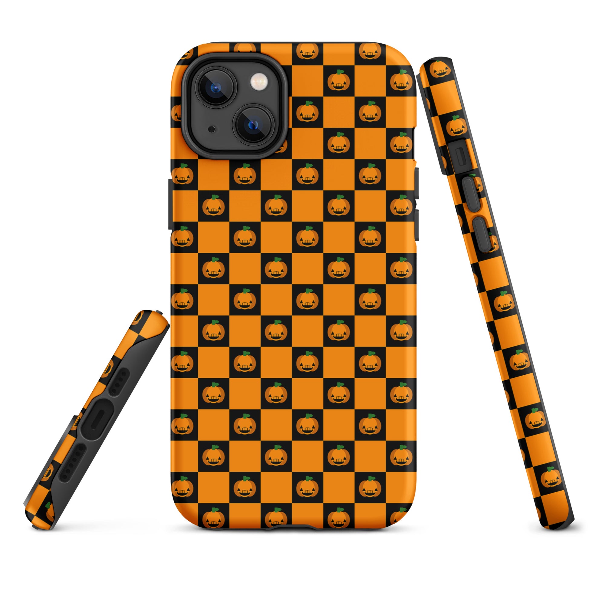 Phone Case for iPhone with playful pumpkin checkered Halloween design, featuring orange and black squares with jack-o'-lanterns.
