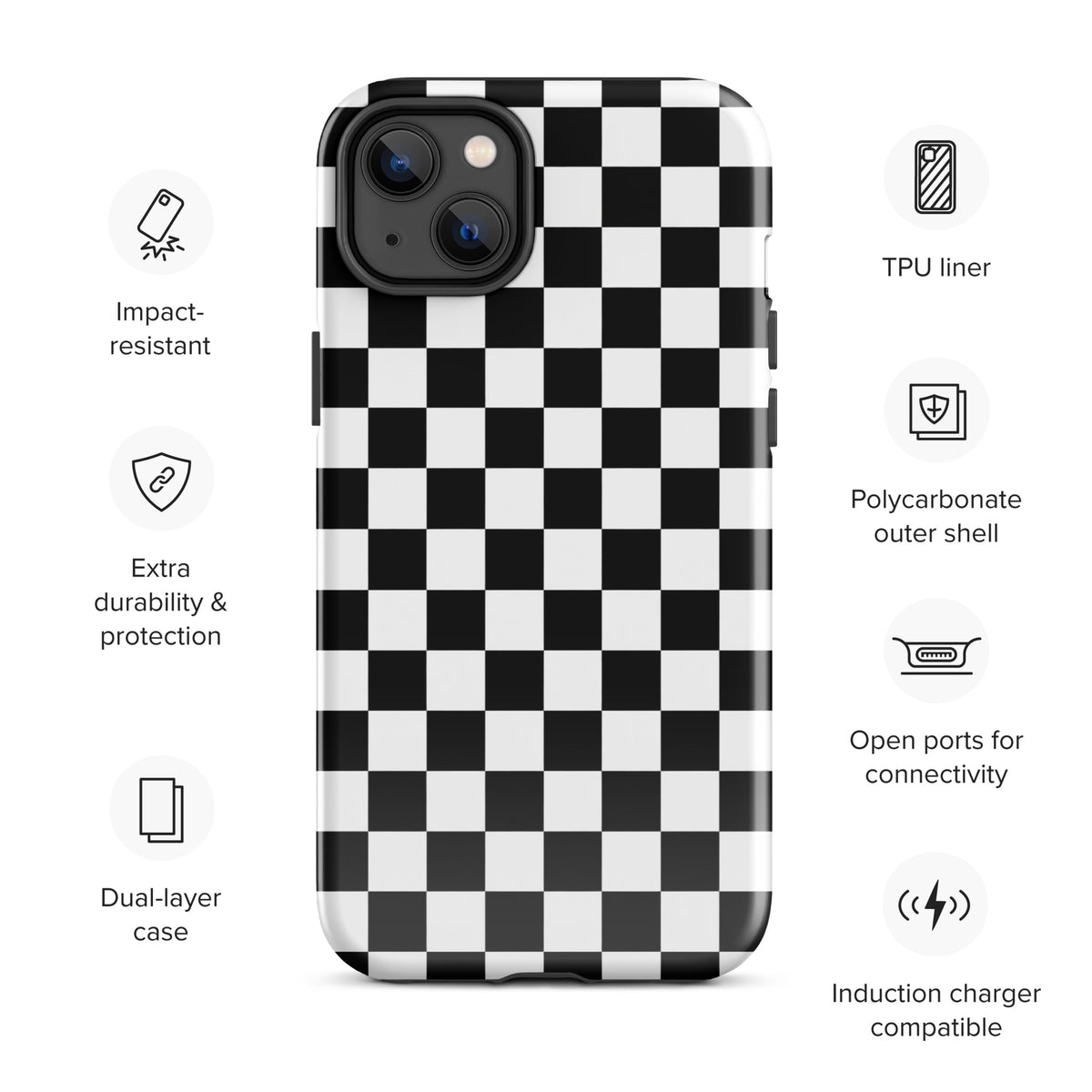 Bold checkered phone case for iPhone with dual-layer protection, impact resistance, and induction charger compatibility.