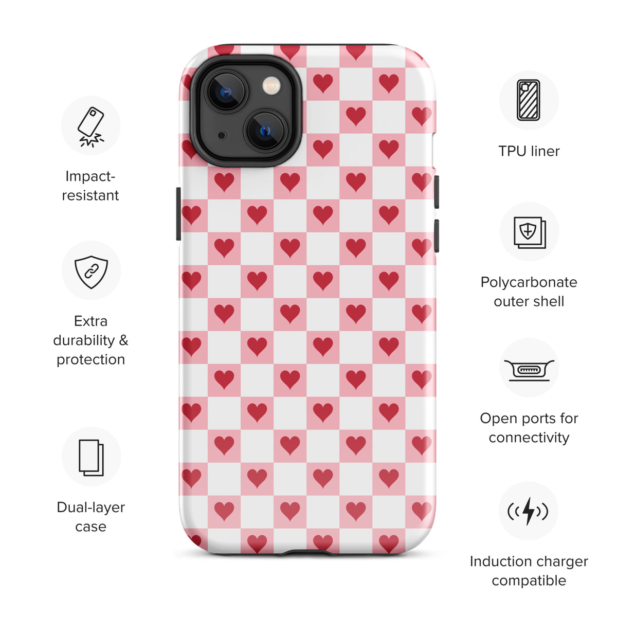 Phone Case for iPhone with pink-and-white checkered design and red hearts, featuring impact-resistant and dual-layer protection.