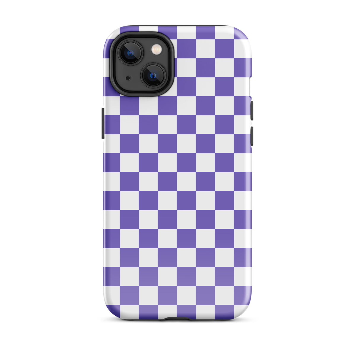 Phone Case for iPhone with purple and white checkered pattern, showcasing playful and stylish design.