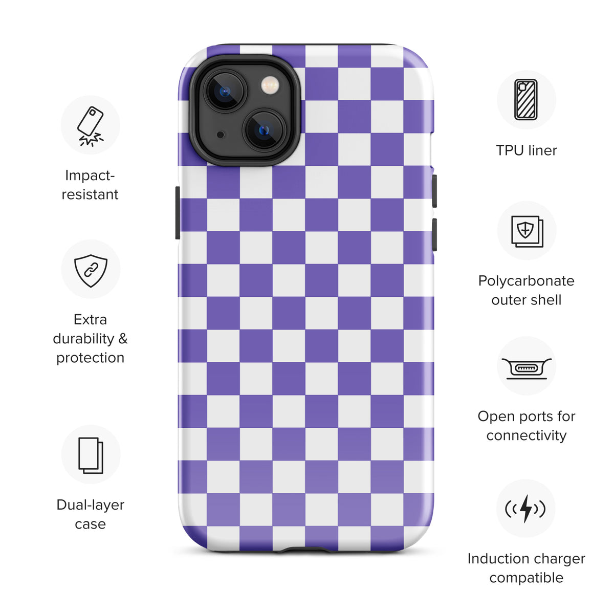 Phone Case for iPhone with purple and white checkered pattern, showcasing impact resistance, dual-layer protection, and charger compatibility.