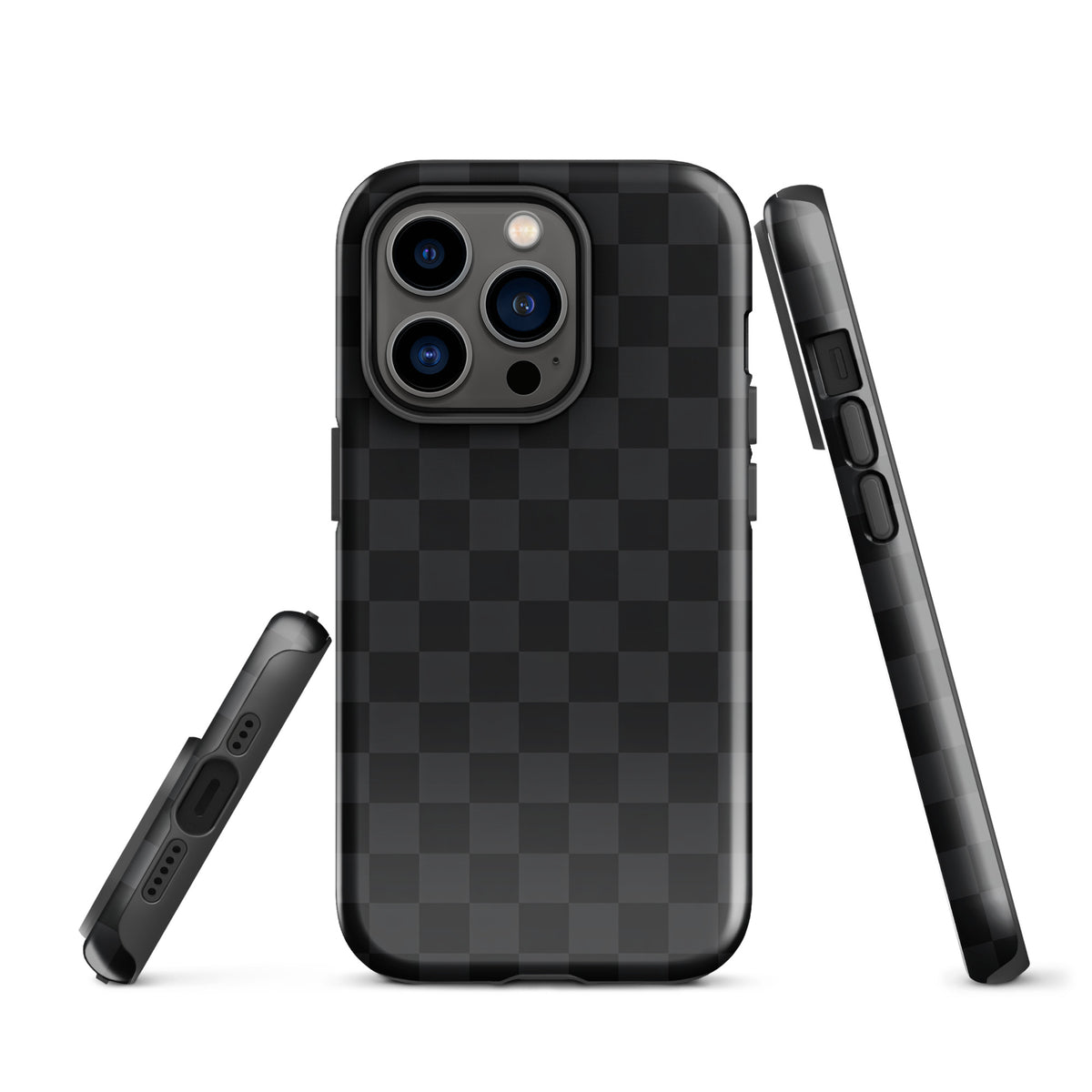 Phone Case for iPhone with black and charcoal checkered design, sleek and modern look for minimalists.