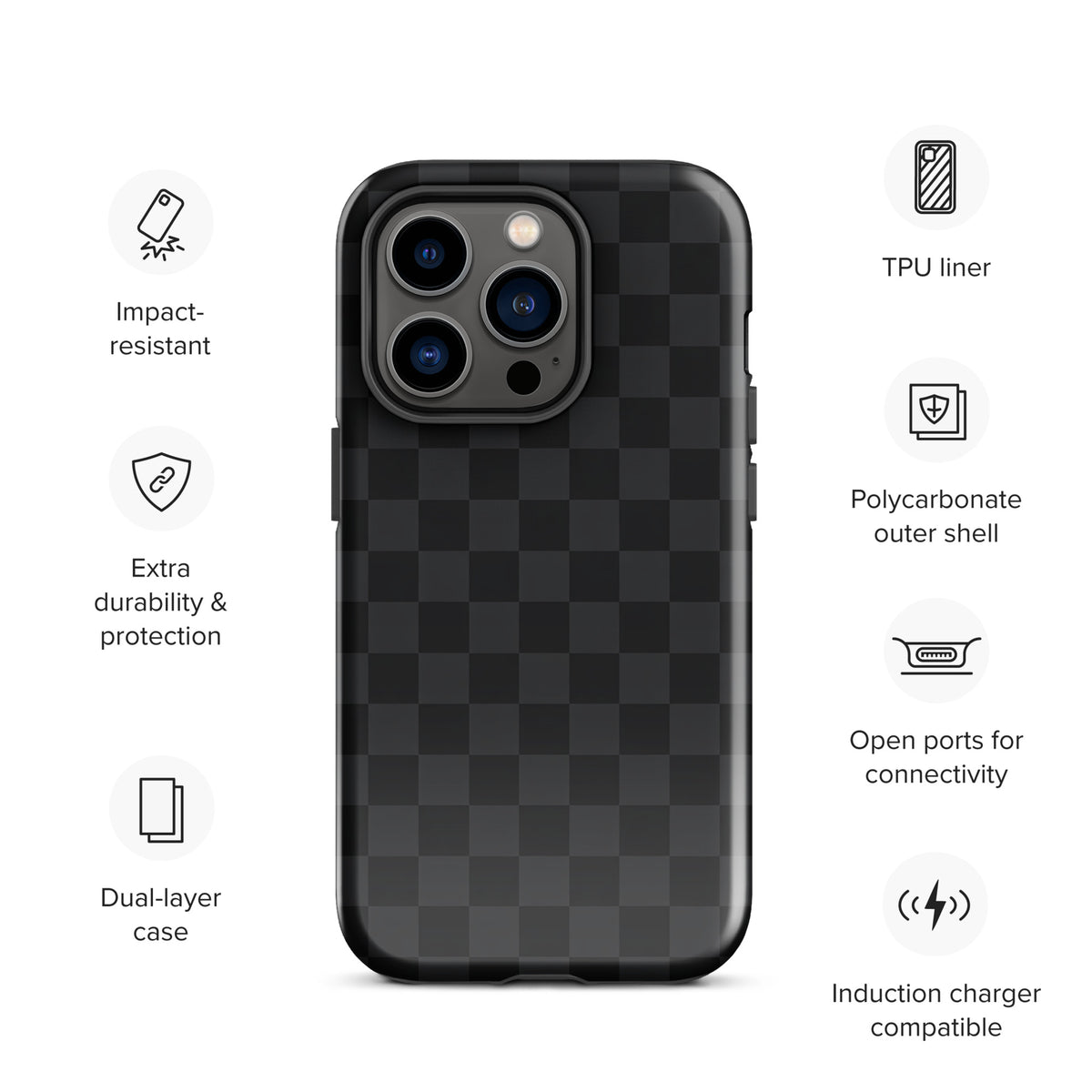 Phone Case for iPhone in black & charcoal checkered design with impact-resistant polycarbonate shell and TPU liner.