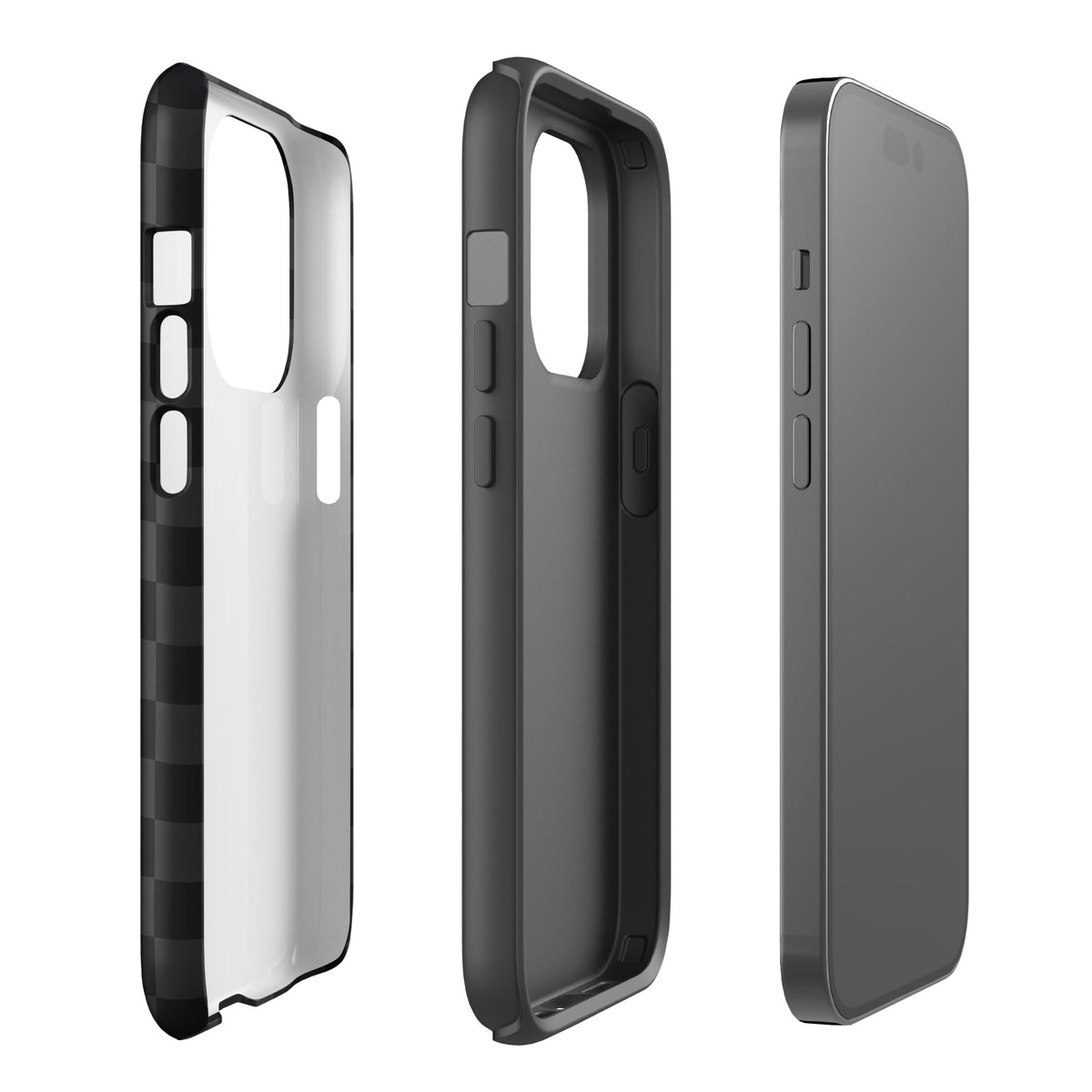 Phone Case for iPhone in black and charcoal checkered design, modern minimalist style, sleek protection for your device.