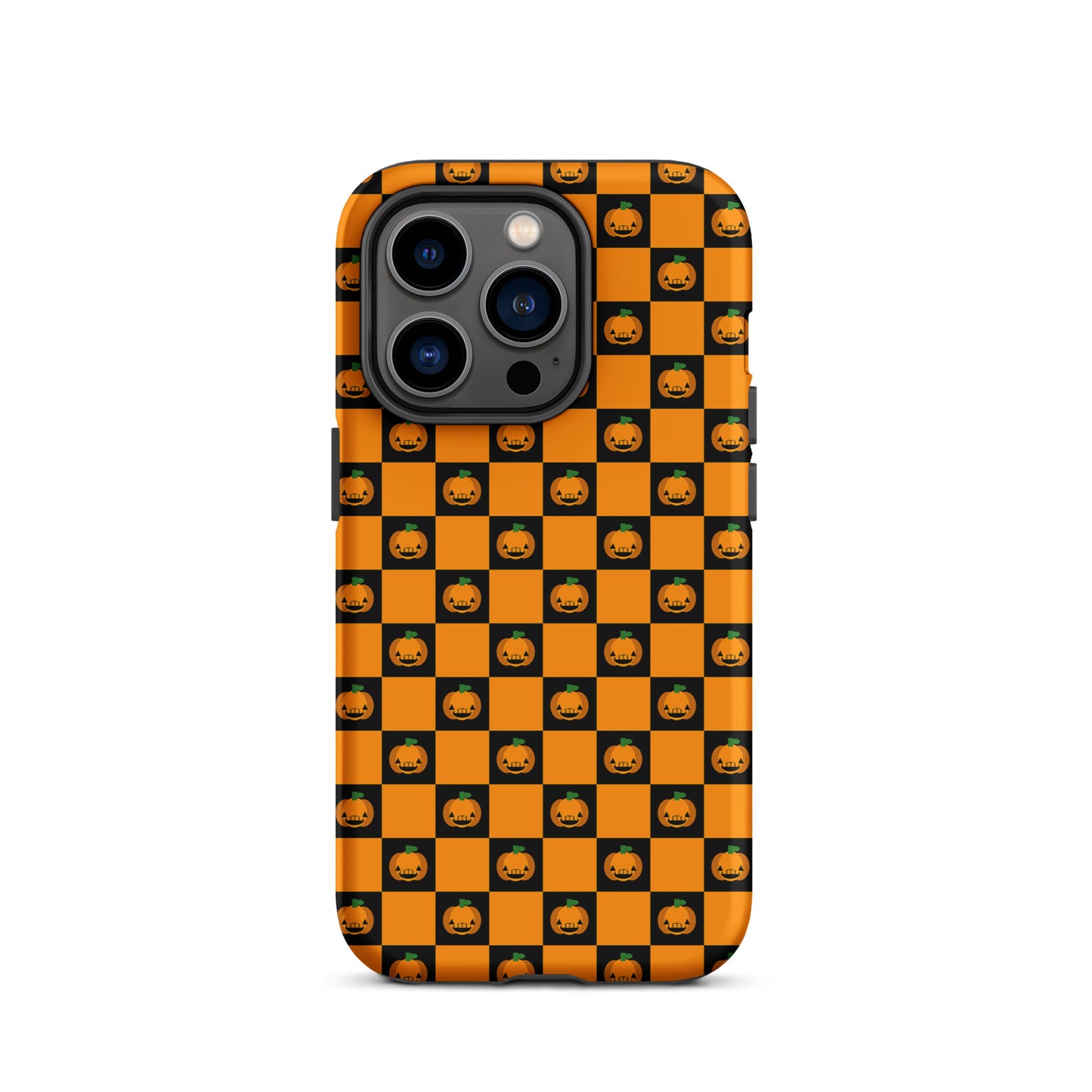 Phone Case for iPhone with playful pumpkin checkered Halloween design in orange and black squares.