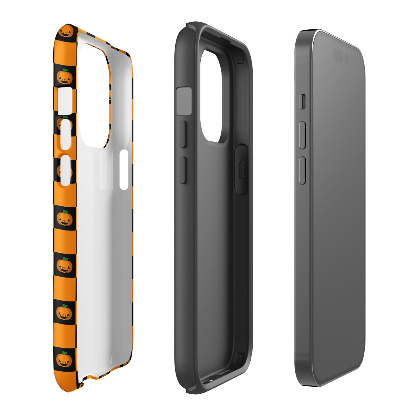 Phone Case for iPhone with pumpkin checkered Halloween design in orange and black squares.
