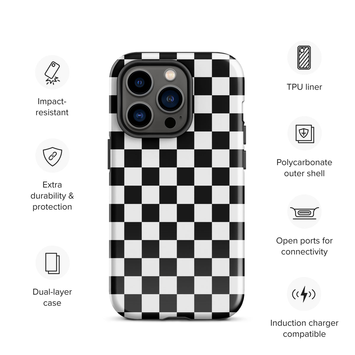 Bold checkered Phone Case for iPhone with durable material and open ports design, featuring black-and-white racing pattern.