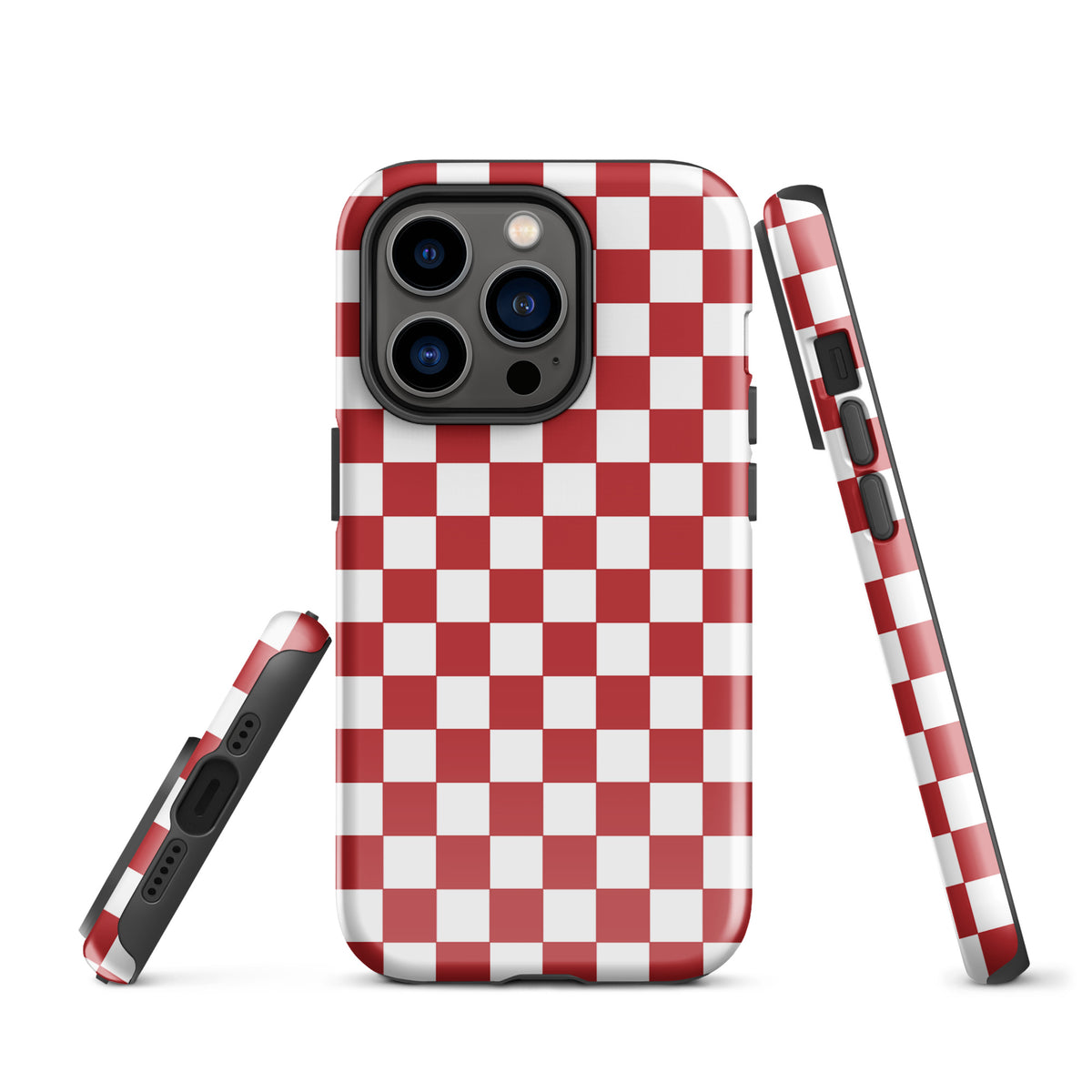 Crimson red checkered phone case for iPhone showcasing a bold and playful design, enhancing style and personality.