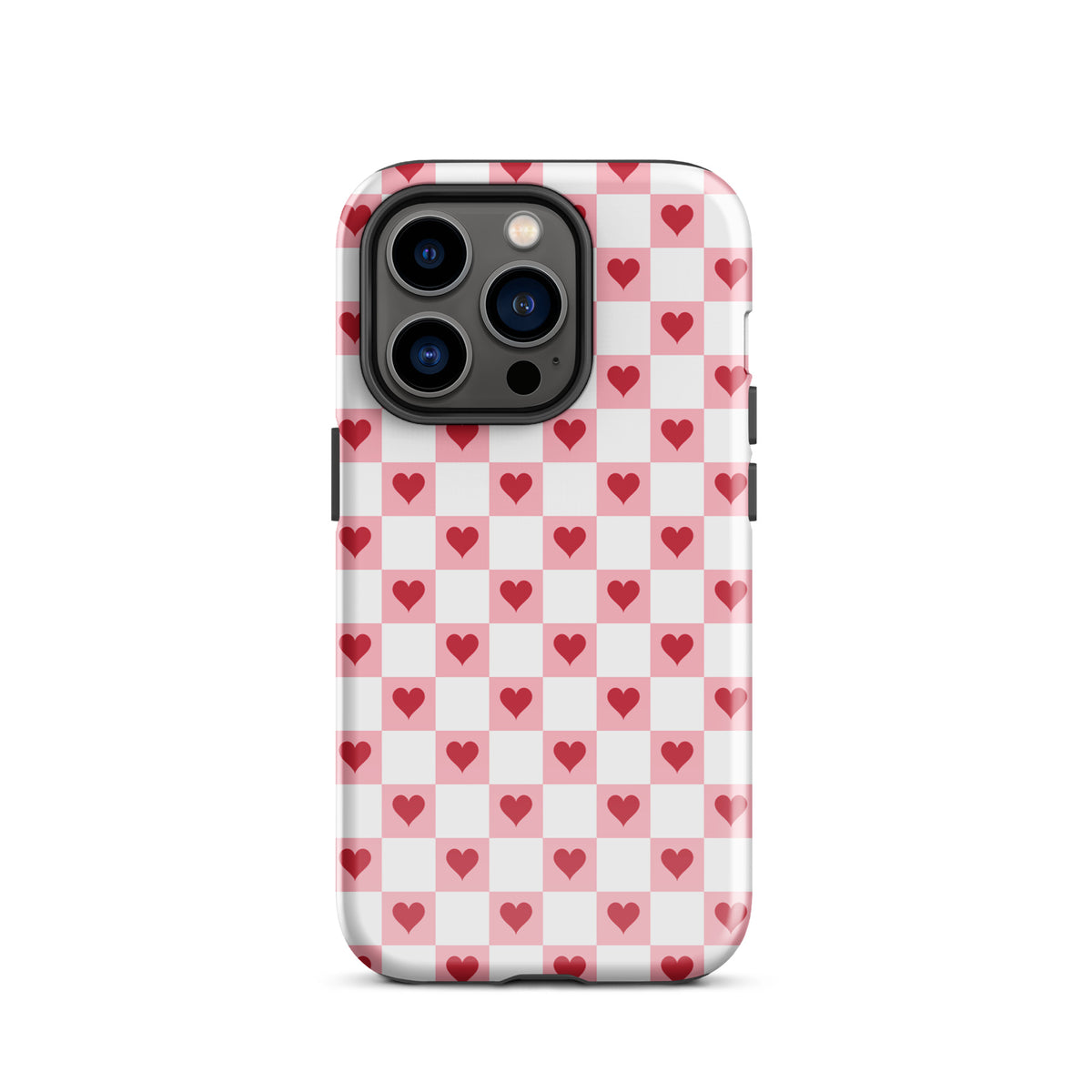 Phone Case for iPhone with pink-and-white and red hearts checkered design