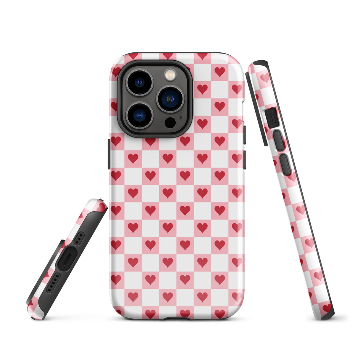 Phone Case for iPhone with pink-and-white checkered design and red hearts