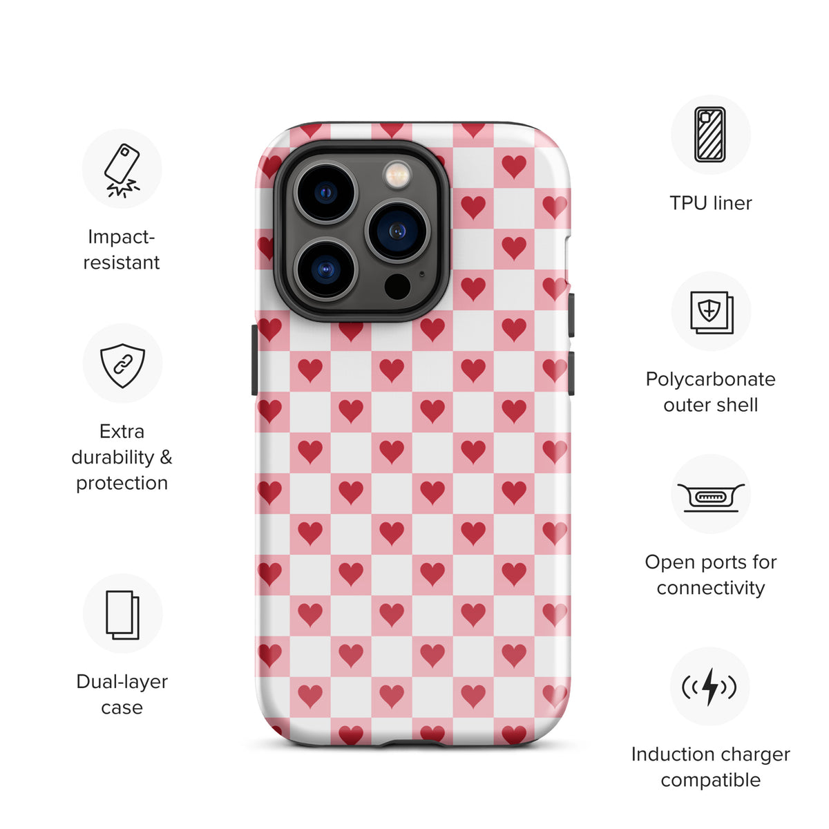 Phone Case for iPhone with pink-and-white checkered design and red hearts, featuring impact protection and TPU liner.