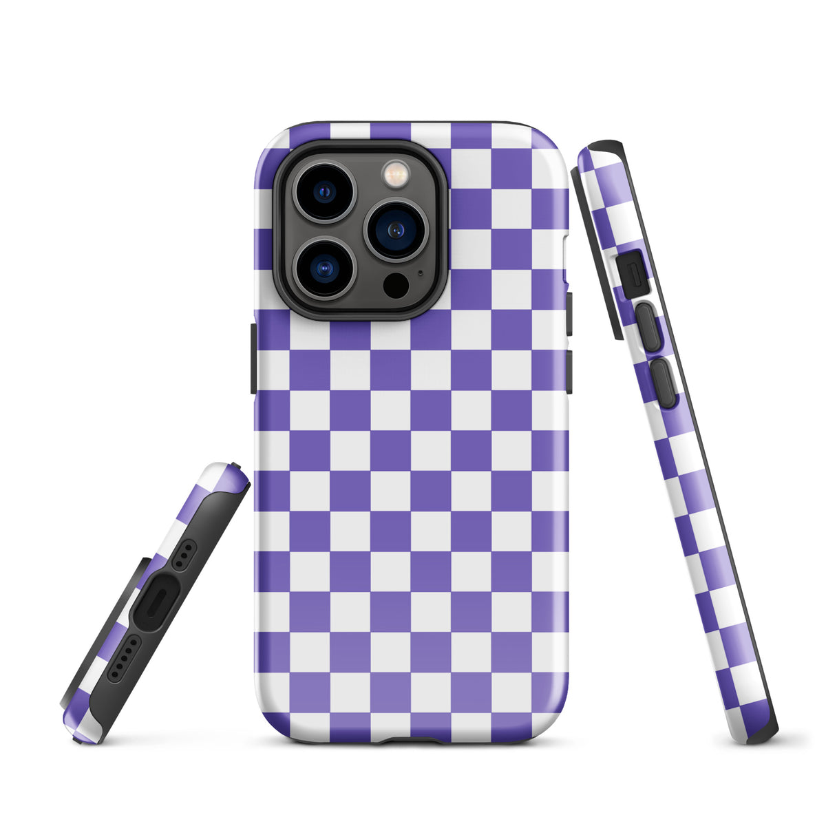 Phone Case with purple and white checkered design for iPhone, combining style and functionality.